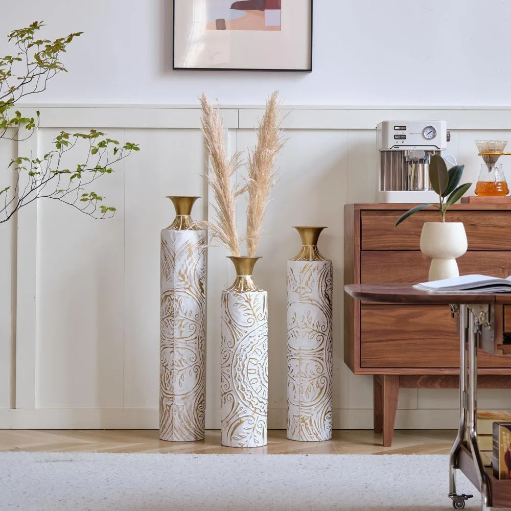 Three Metal Vases Set For Floor Decor