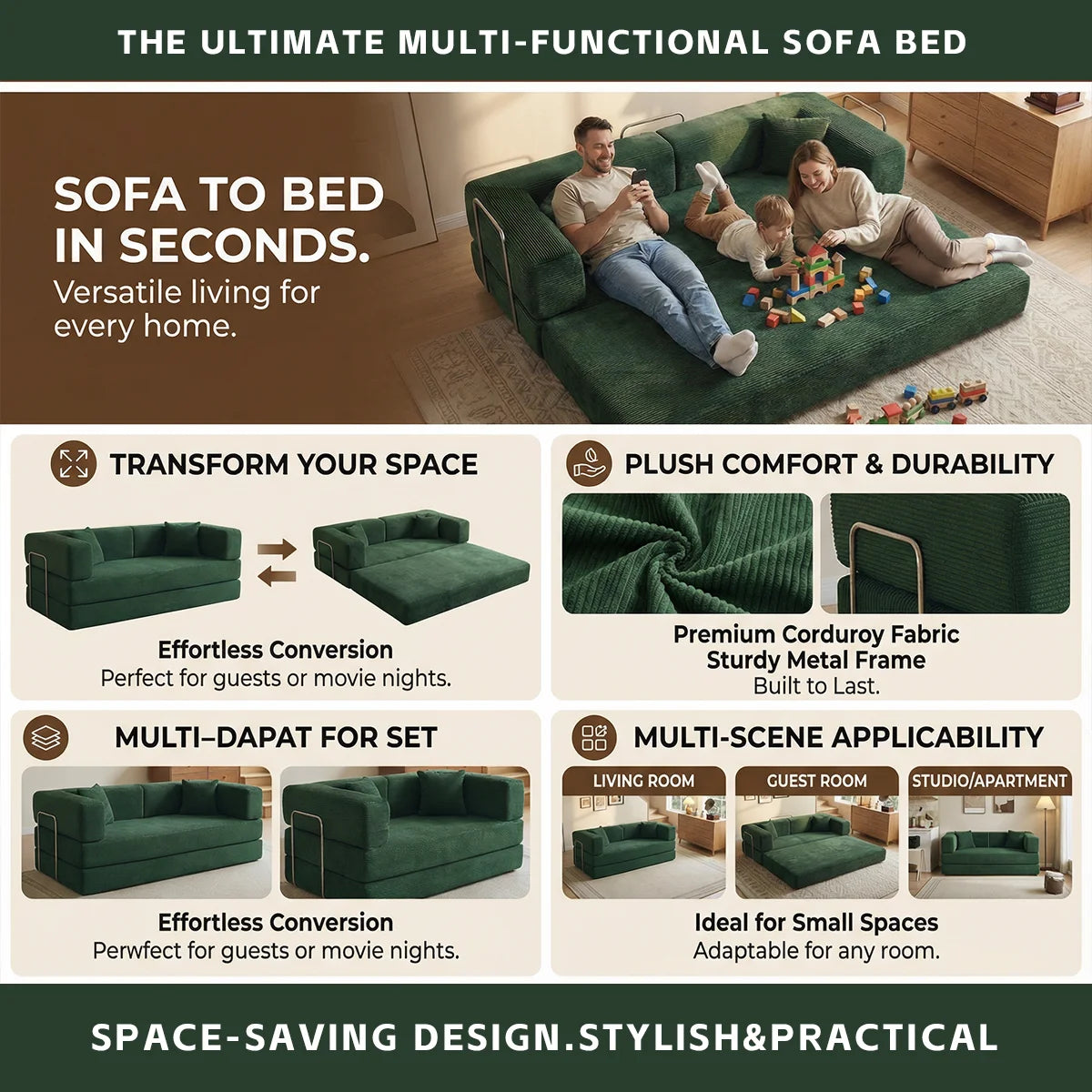 Futon Sofa Bed 4-In-1 Folding Corduroy Sleeper Loveseat