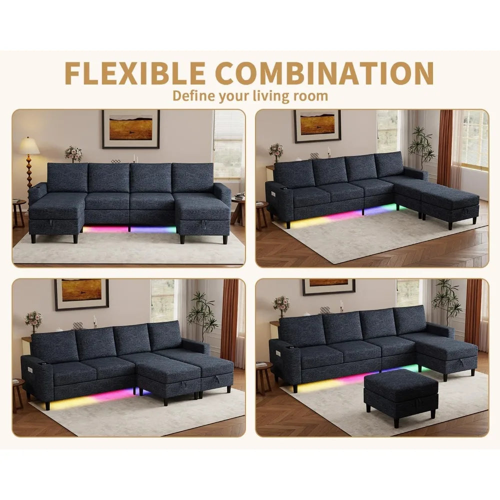 HUANZHUANG Sectional Sofa With RGB Lighting USB