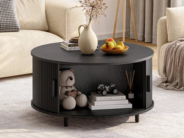 ONBRI Round Coffee Table With Storage Modern Curved Sliding Door Fluted Wood