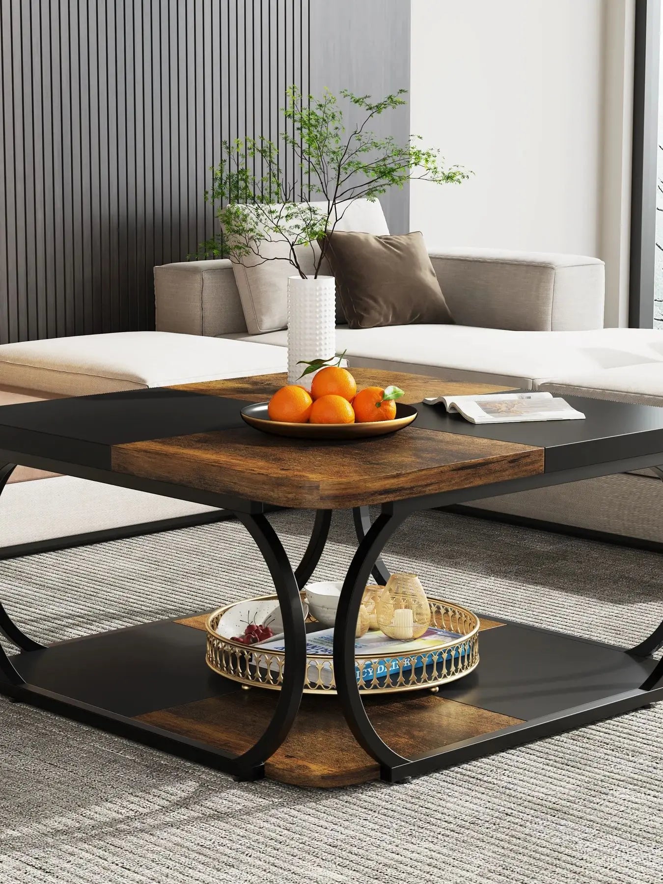 Tribesigns Farmhouse Square Coffee Table With Two Tiers Wood Storage