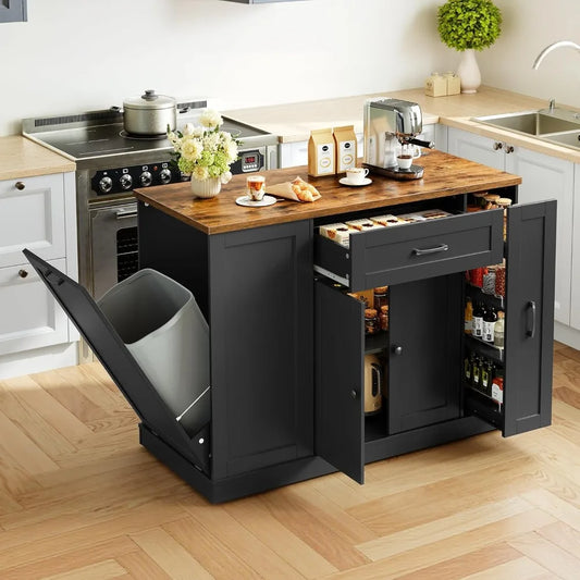 Rolling Kitchen Island With Trash Can Storage And Power Outlet Spice Rack Drawer Mobile