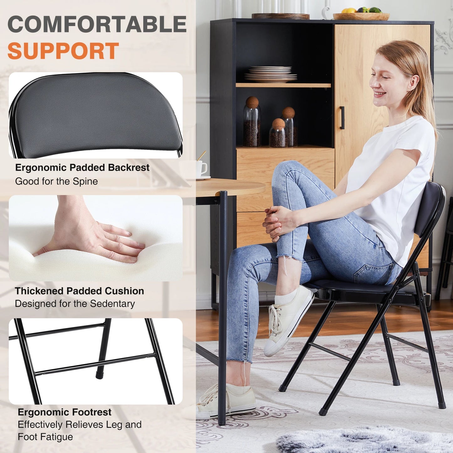 JHK Leather Padded Folding Chair Set of 4 Metal Frame