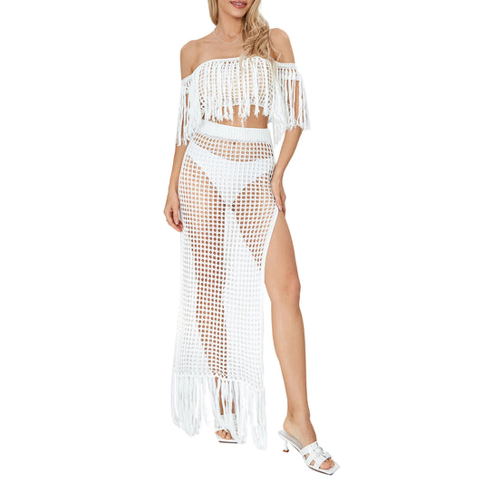 Hirigin Women 2 Pieces HollowOut Tassel Off Shoulder Beachwear Set