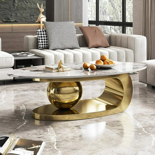 Modern Oval Stone Coffee Table With Abstract Metal Base