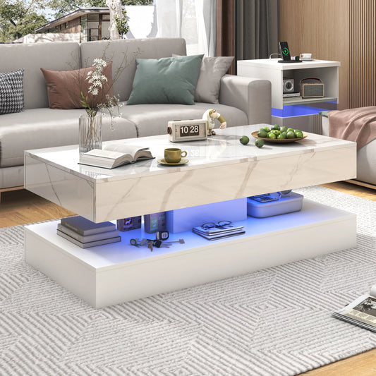 QiaoShiRen Modern Minimalist Coffee Table With Led Lights Dual Storage