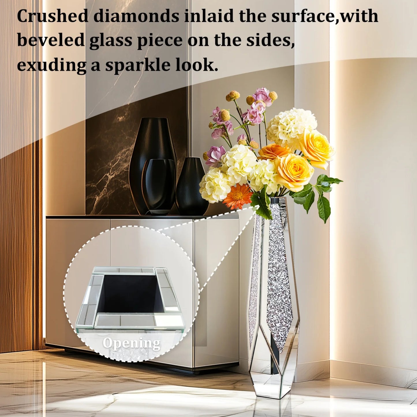 Decorative Mirrored Floor Vase Crushed Diamond Glass For Pampas Grass
