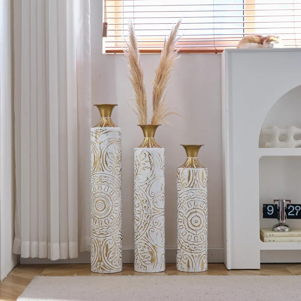 Three Metal Vases Set For Floor Decor