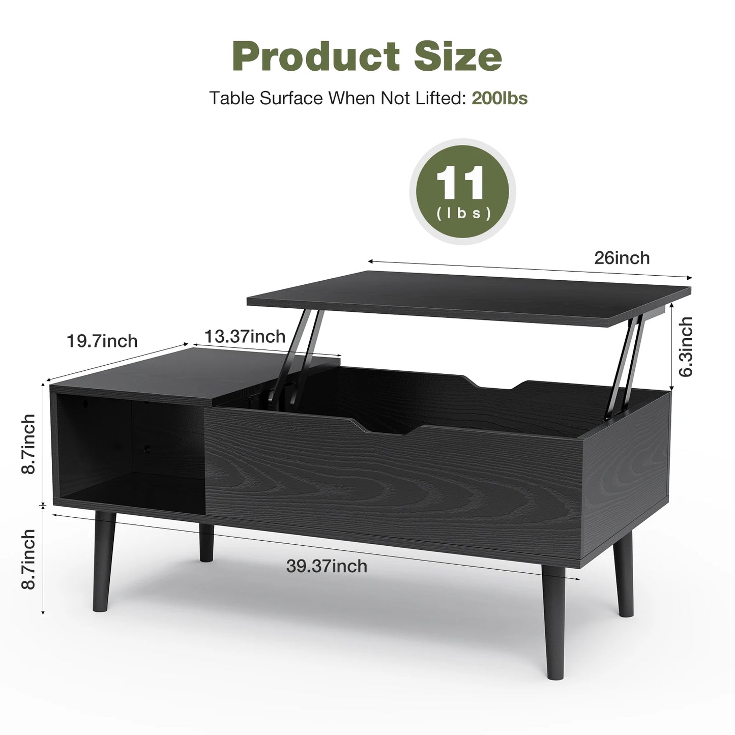 JHK Lift Top Coffee Table With Storage Shelf Living Room
