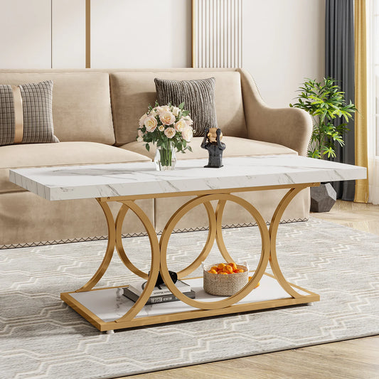 Tribesigns Faux Marble Wood Rectangle Coffee Table For Living Room Two Tier