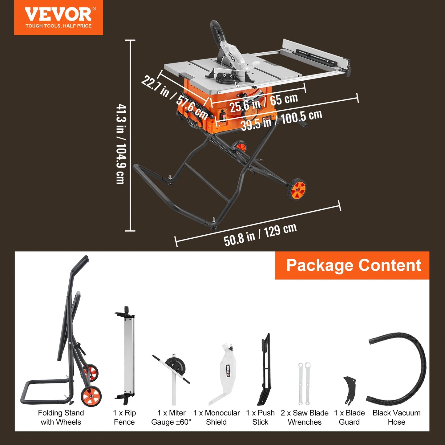 VEVOR Jobsite Table Saw 15 Amp Portable Woodworking Tool