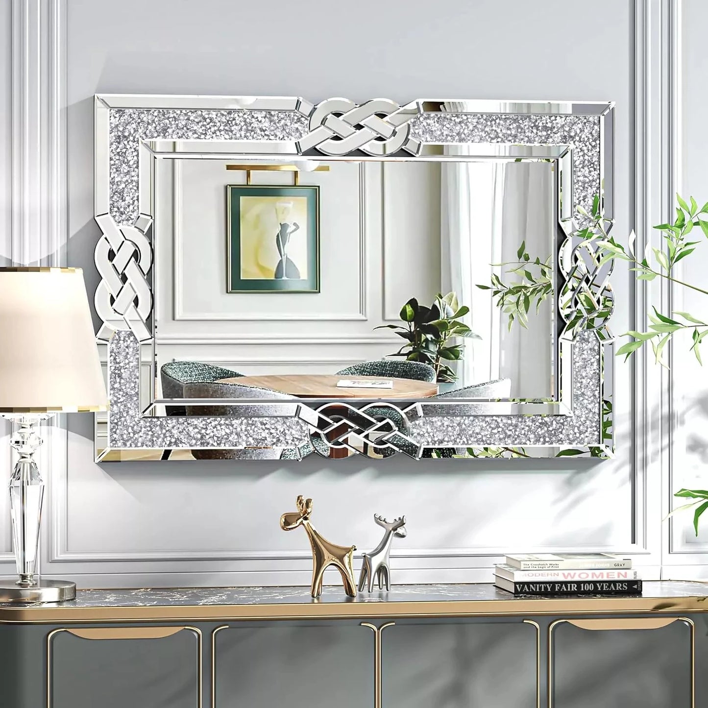 Wisfor Crushed Diamond Wall Mirror Rectangular Glass Crystal Frame Edge
