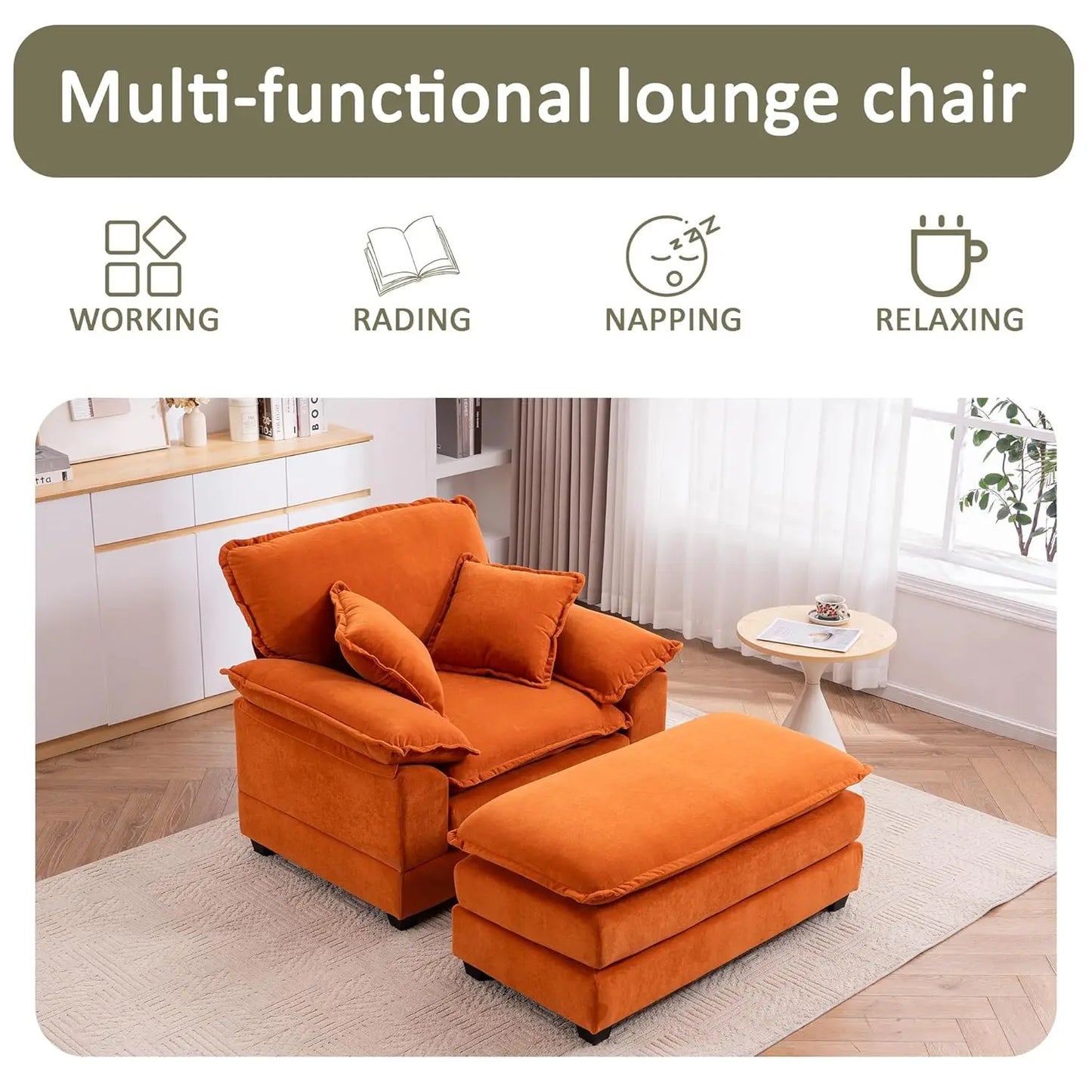 Oversized Chaise Lounge Chair With Ottoman Velvet Upholstery