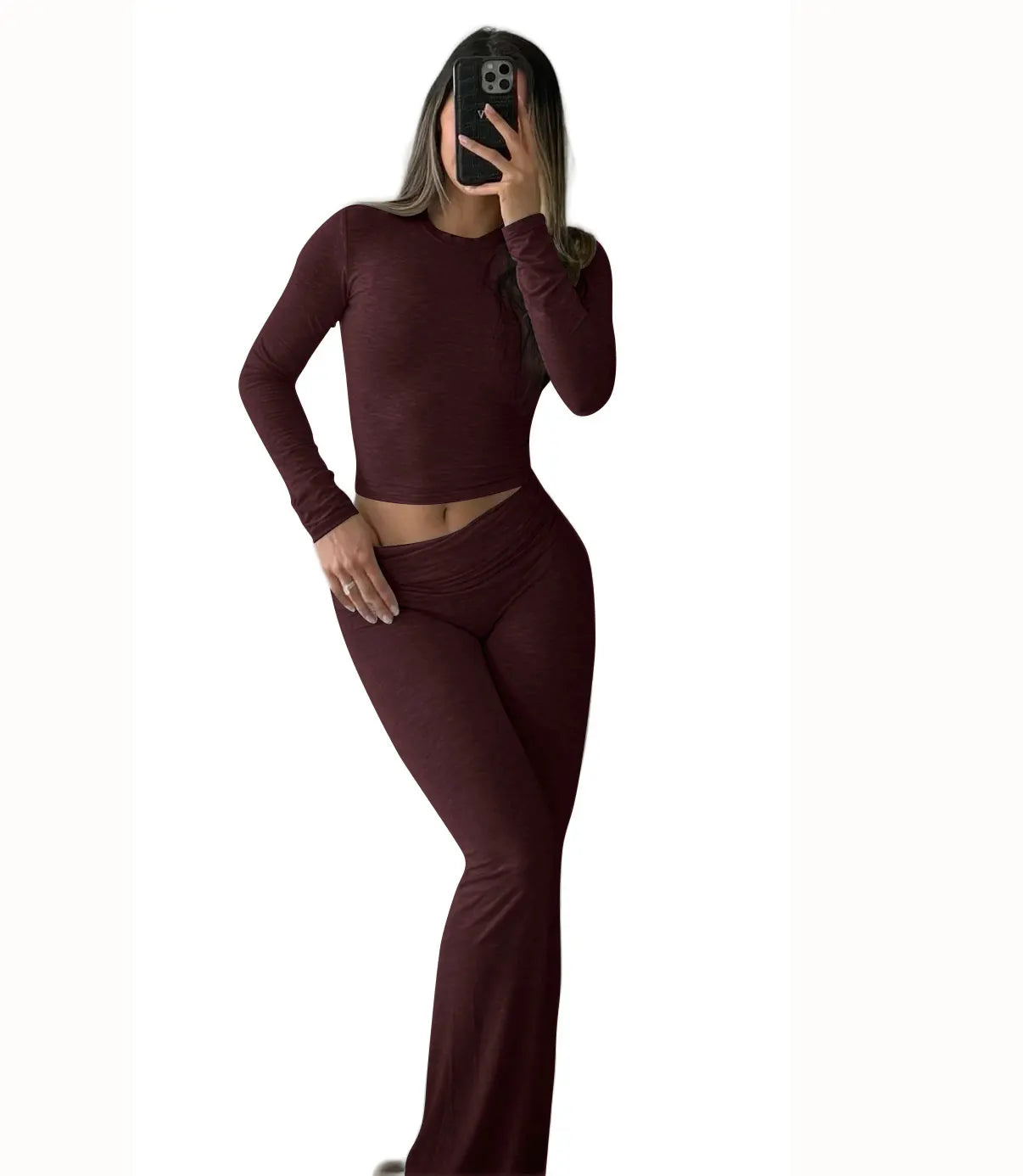 Women Yoga Two Piece Set Long Sleeve Wide Leg Activewear