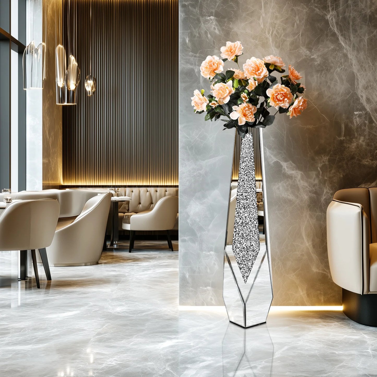 Decorative Mirrored Floor Vase Crushed Diamond Glass For Pampas Grass