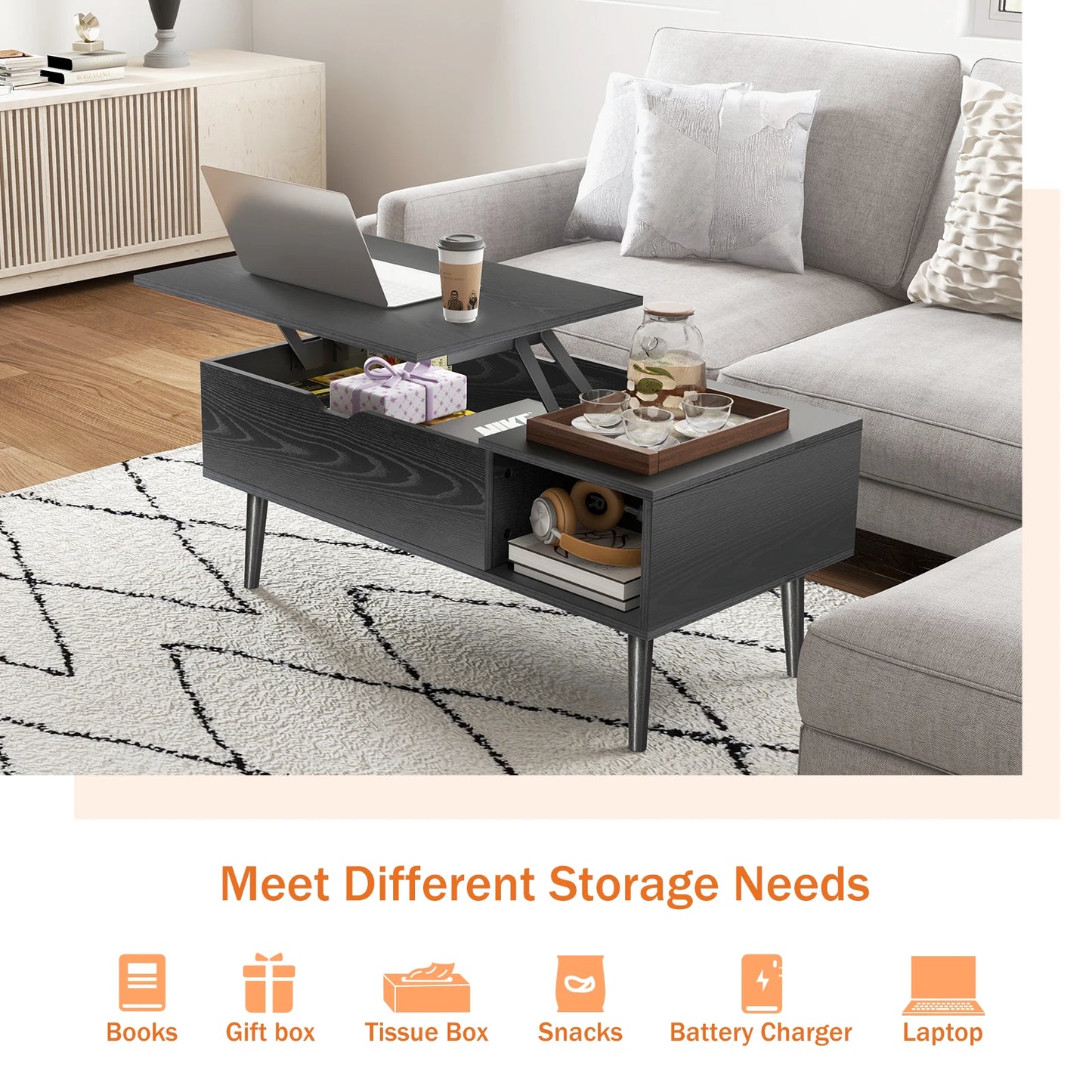 JHK Lift Top Coffee Table With Storage Shelf Living Room