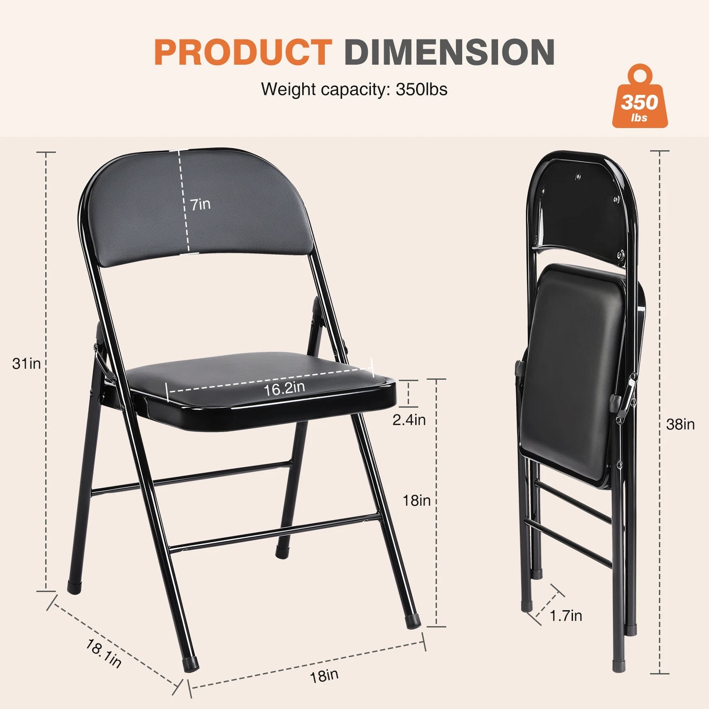 JHK Leather Padded Folding Chairs 4 Pack Sturdy Metal Seating