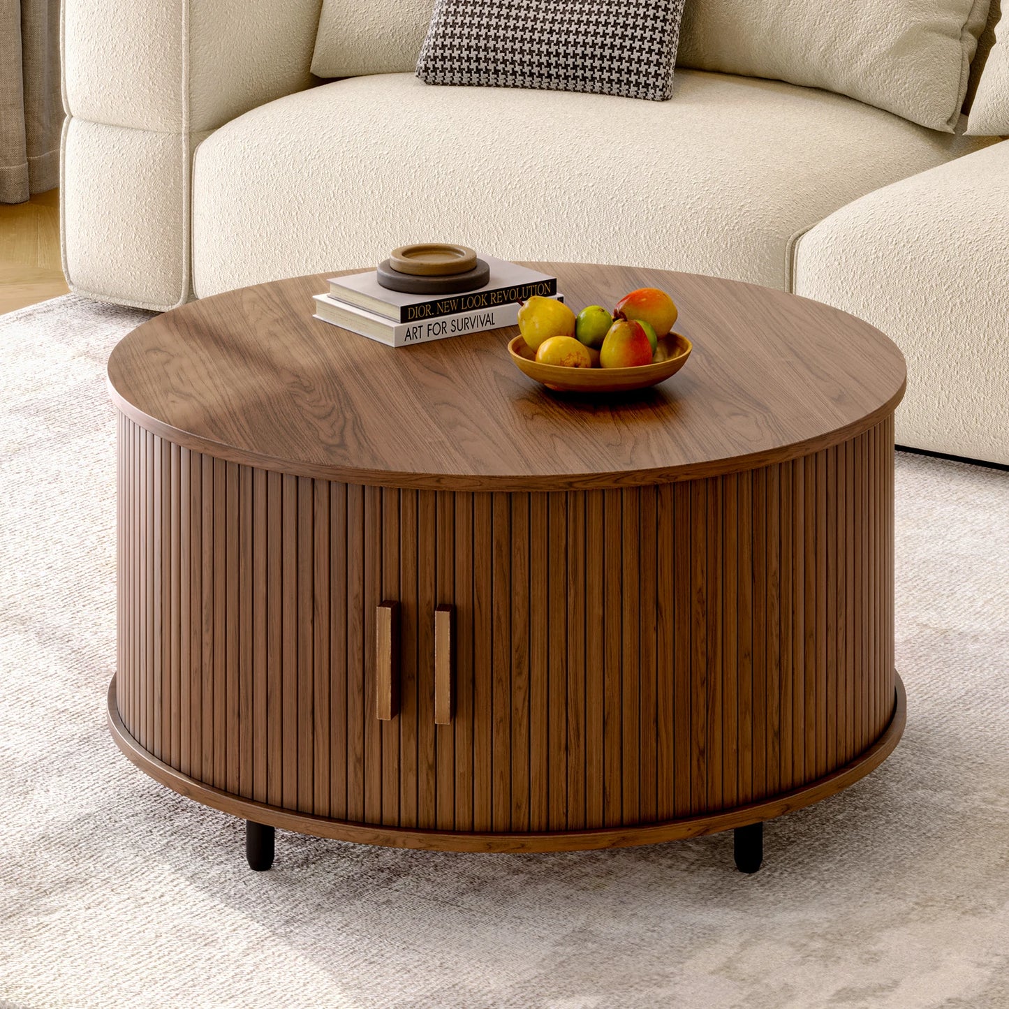 ONBRI Round Coffee Table With Storage Modern Curved Sliding Door Fluted Wood