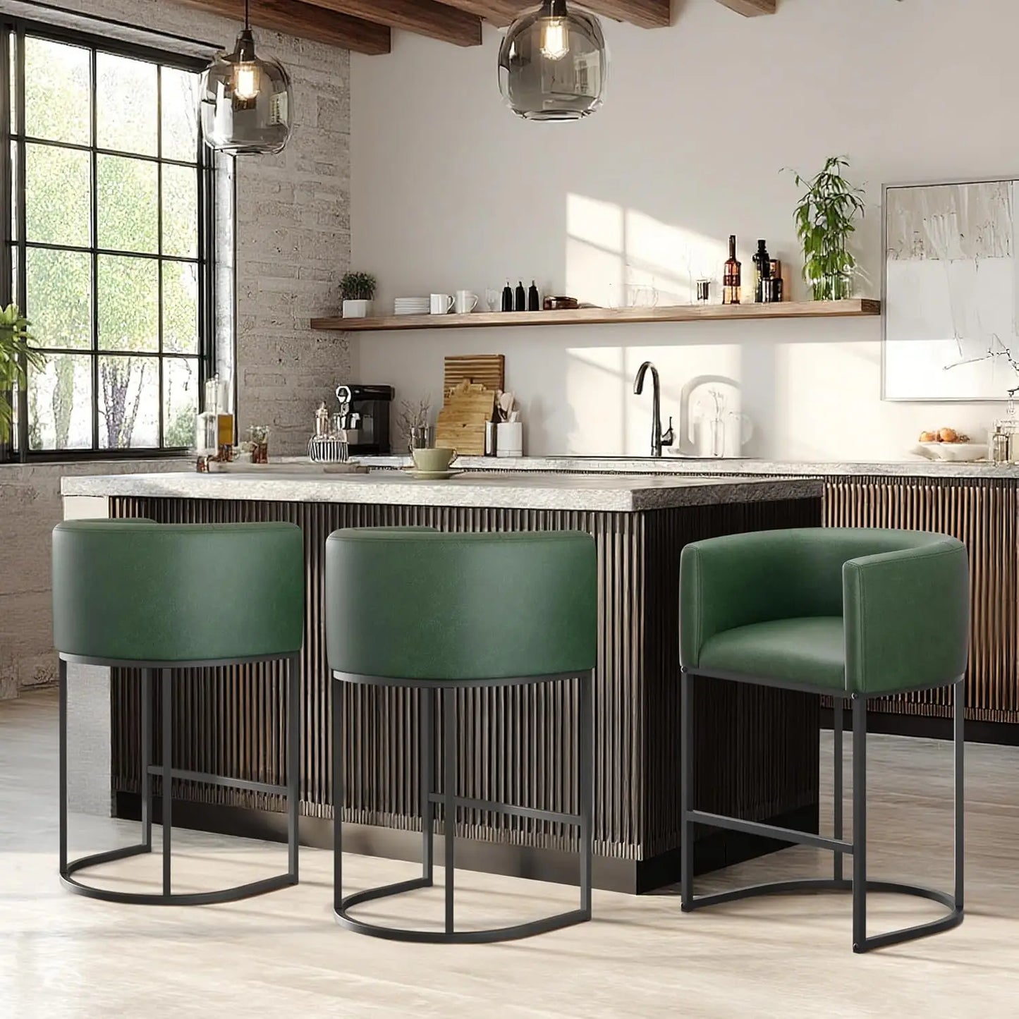 Bar Stools Set of 3 Linen Upholstered