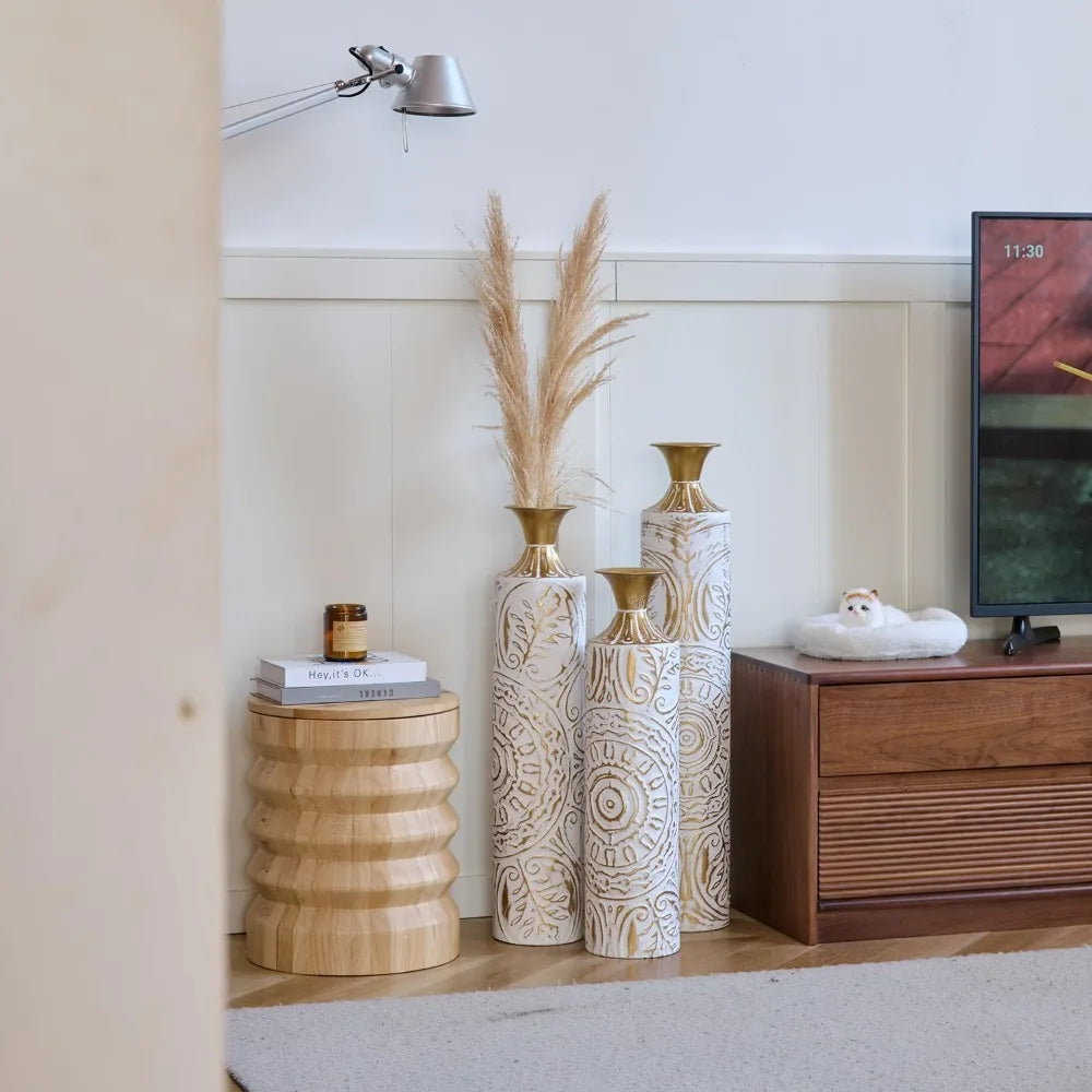 Three Metal Vases Set For Floor Decor