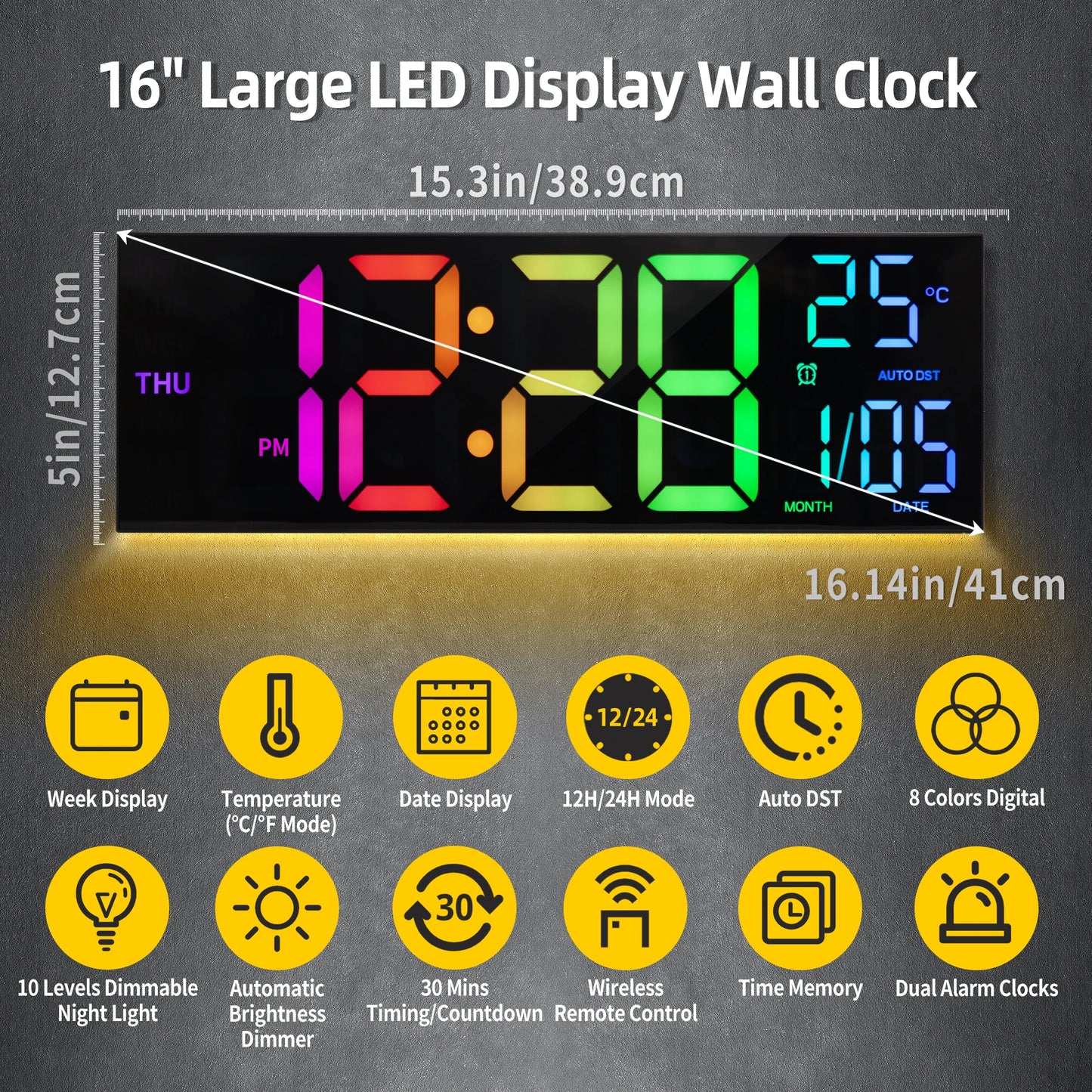 Digital LED Wall Clock With Remote Alarm And Temperature Display