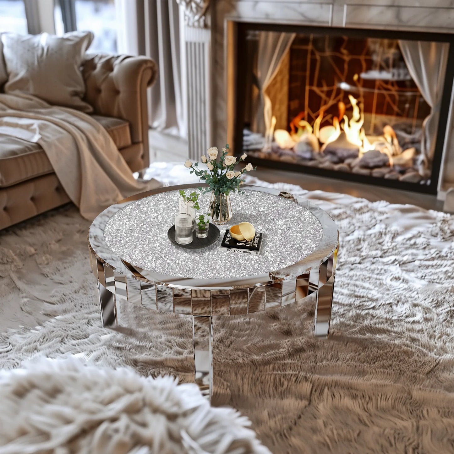 Mirrored Crystal Inlay Coffee Table Round Silver