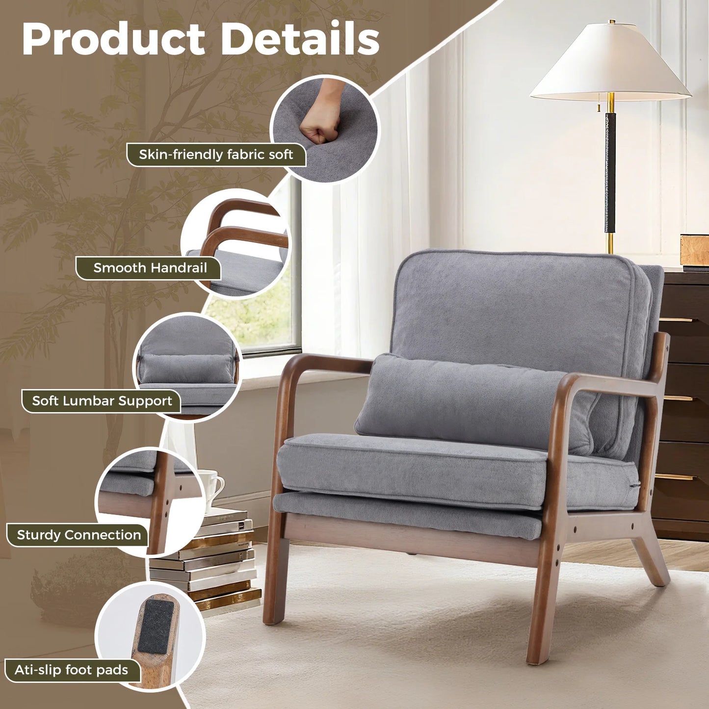 JHK Mid Century Modern Wood Frame Armchair With Cushion