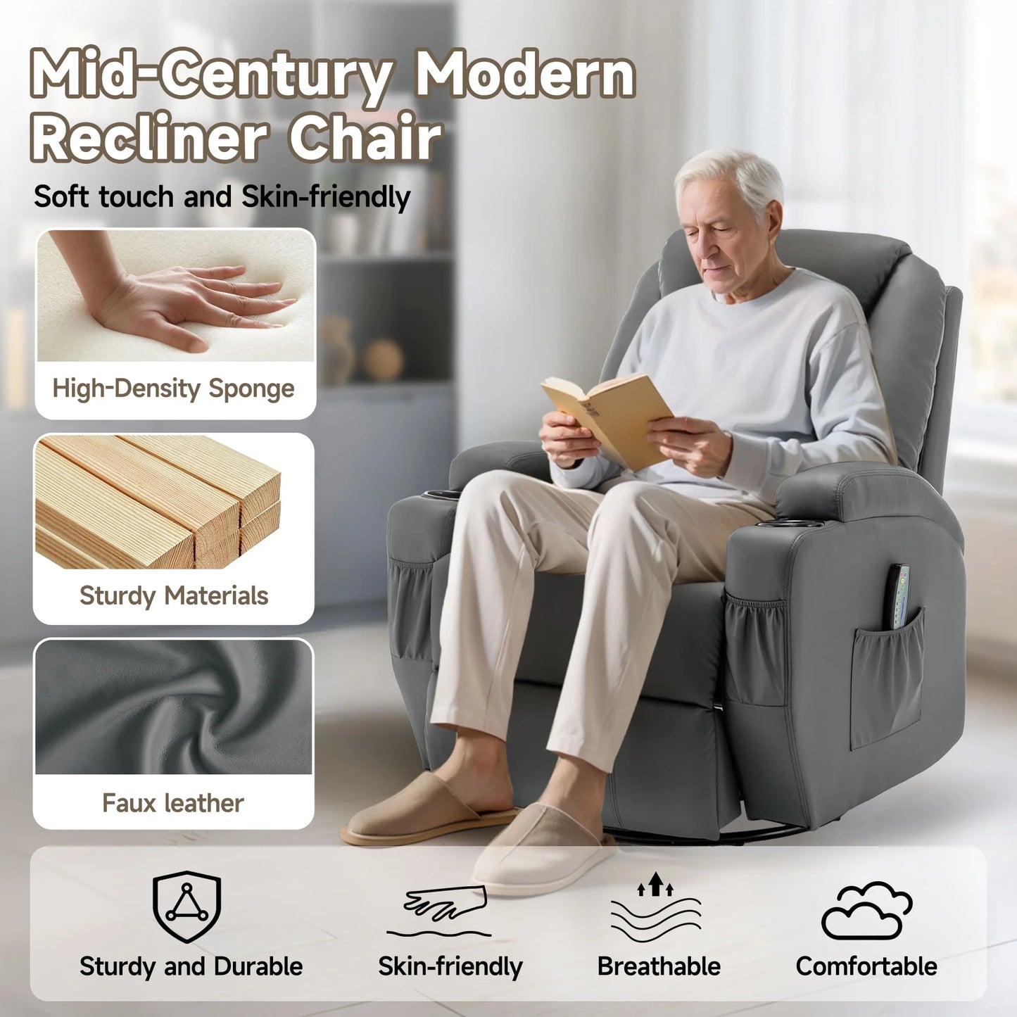 KORSER Massage Recliner Chair With Heat 360 Degree Swivel Remote