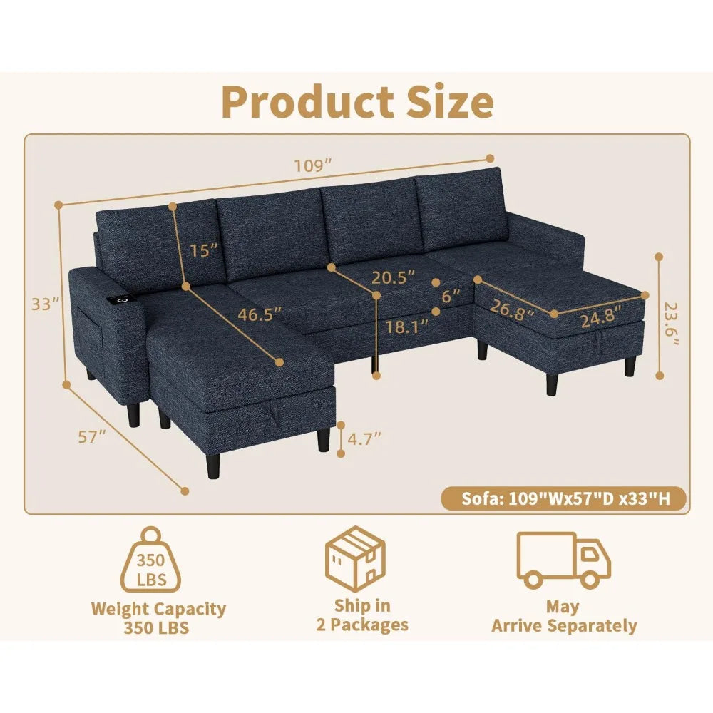 HUANZHUANG Sectional Sofa With RGB Lighting USB