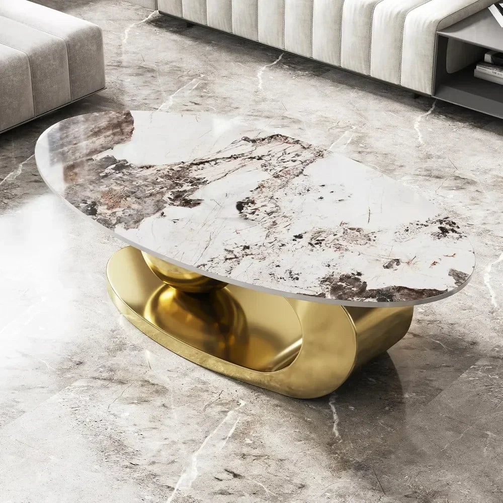 Modern Oval Stone Coffee Table With Abstract Metal Base