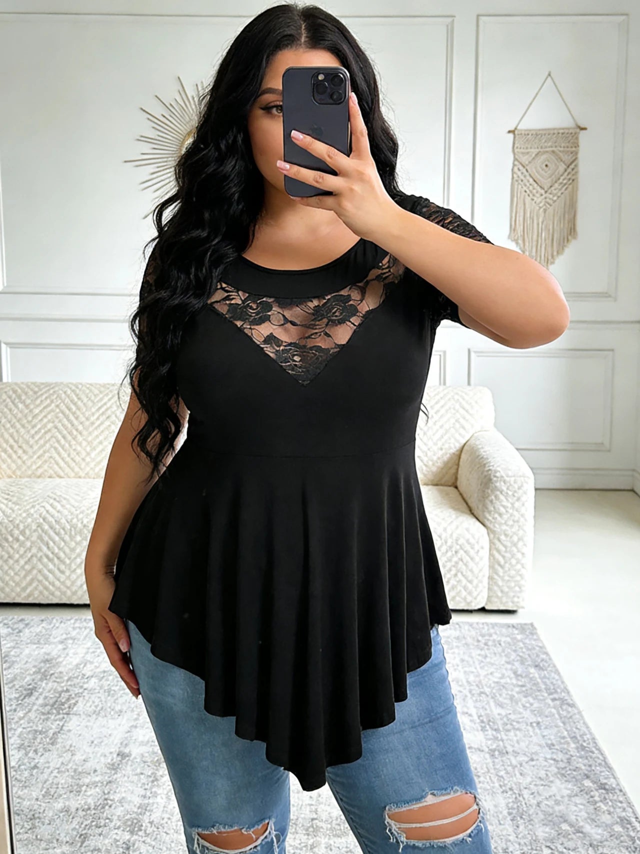 Lace Panel Tunic Top For Women Short Sleeve Asymmetric Hem