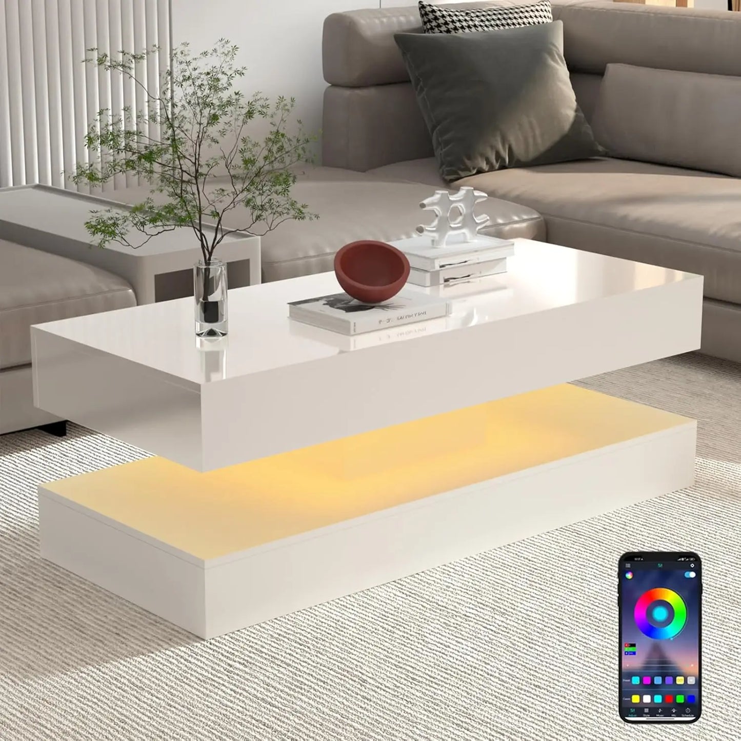 QiaoShiRen Modern Minimalist Coffee Table With Led Lights Dual Storage