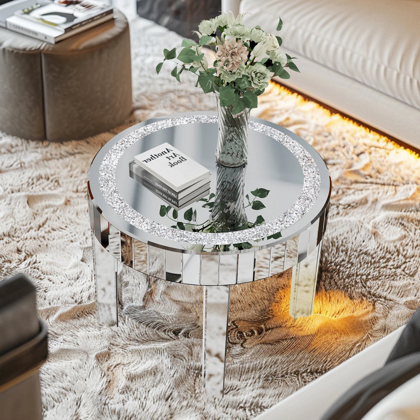 Crushed Crystal Mirrored Coffee Table 60cm Round Accent Table Leisure Table