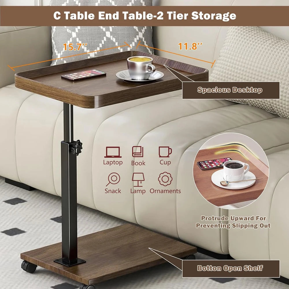 Adjustable Rolling Bedside Table Laptop Desk With 360 Rotatable Tray