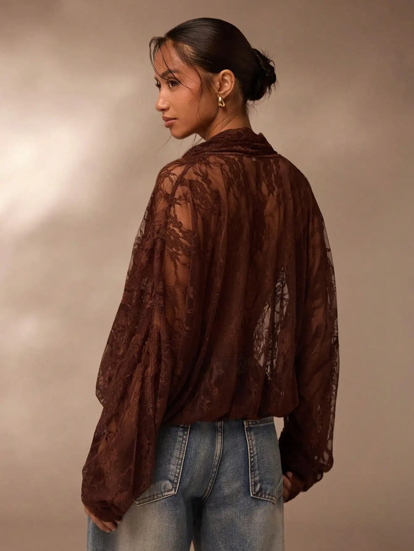 Lace Sheer Blouse for Women V Neck Long Sleeve Top