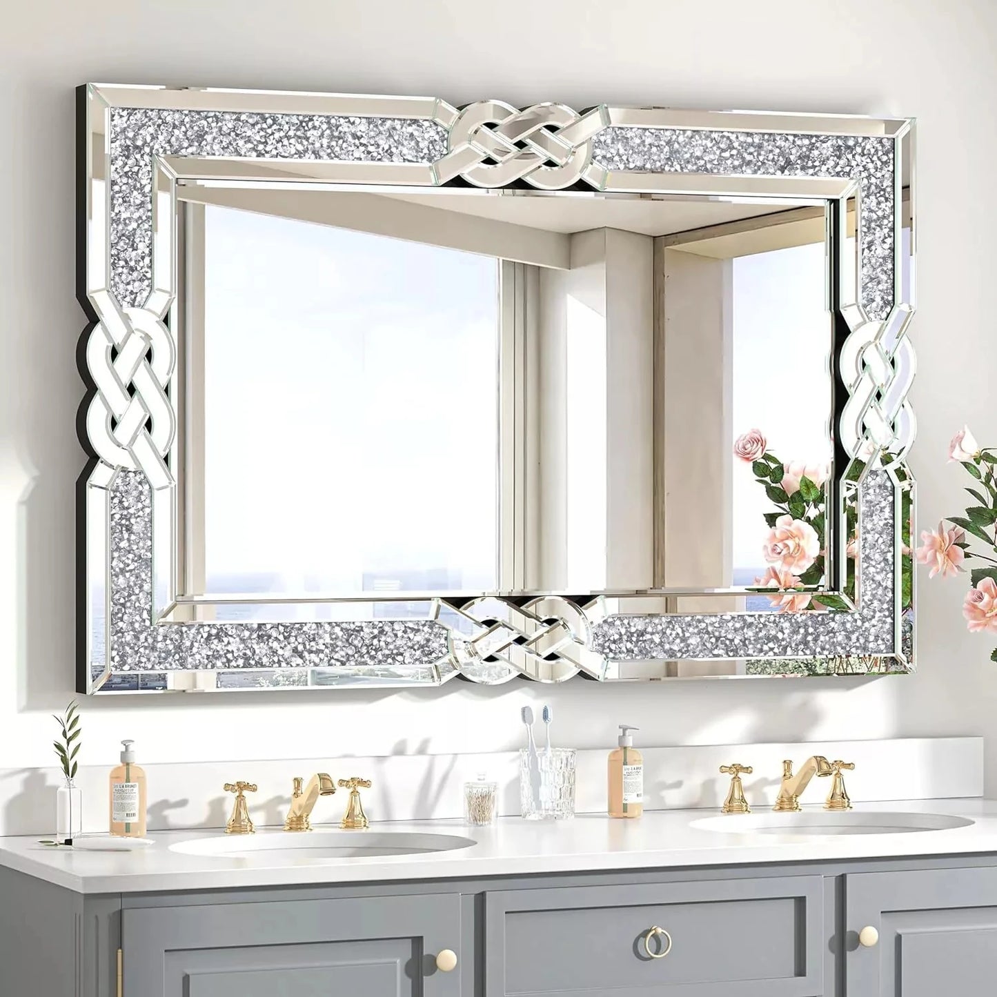 Wisfor Crushed Diamond Wall Mirror Rectangular Glass Crystal Frame Edge
