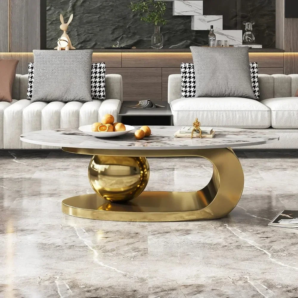 Modern Oval Stone Coffee Table With Abstract Metal Base