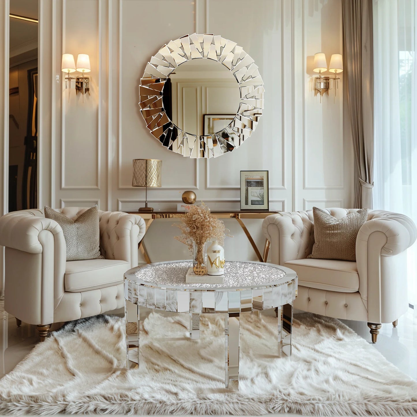 Mirrored Crystal Inlay Coffee Table Round Silver