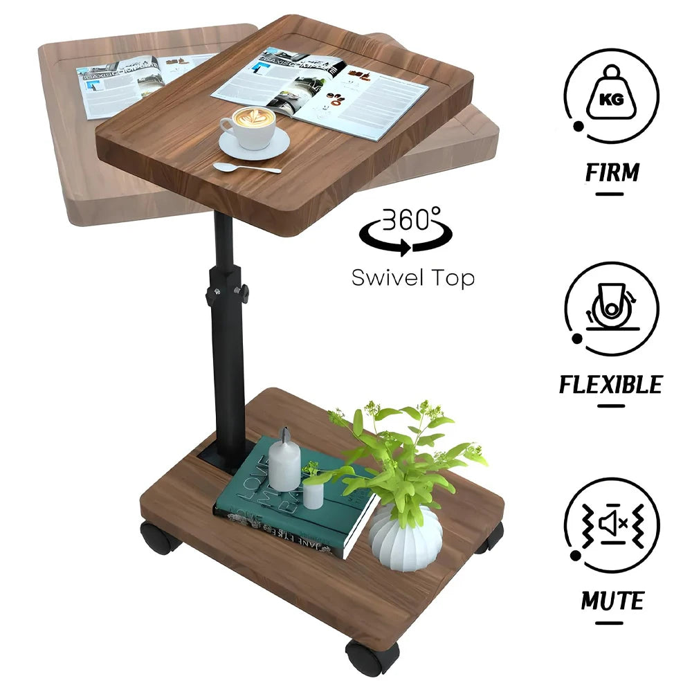 Adjustable Rolling Bedside Table Laptop Desk With 360 Rotatable Tray