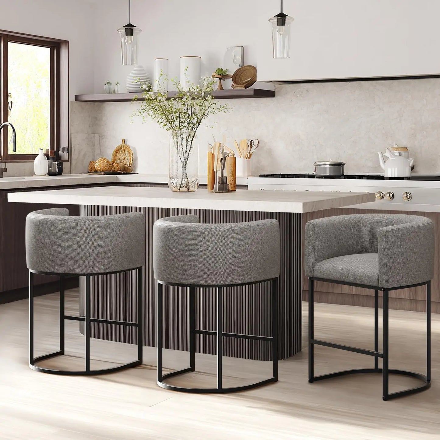 Bar Stools Set of 3 Linen Upholstered