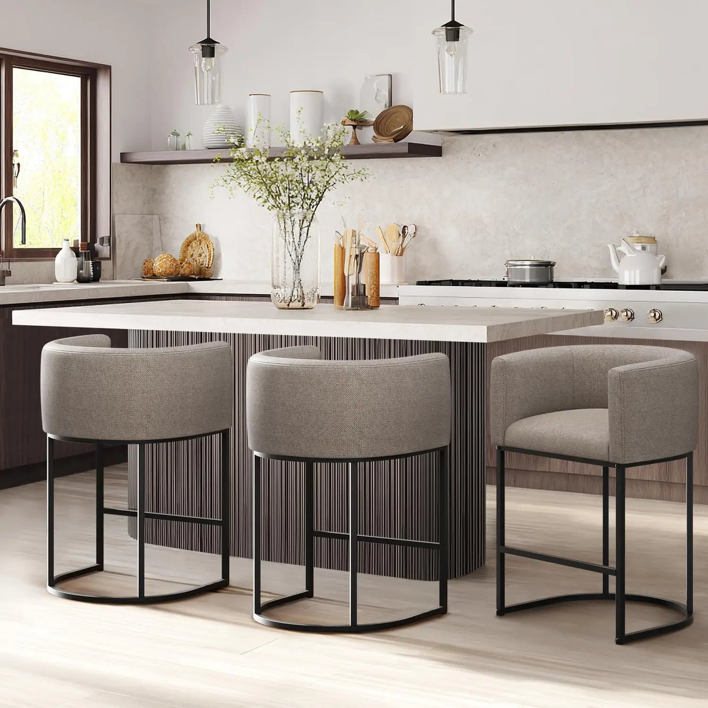 Bar Stools Set of 3 Linen Upholstered