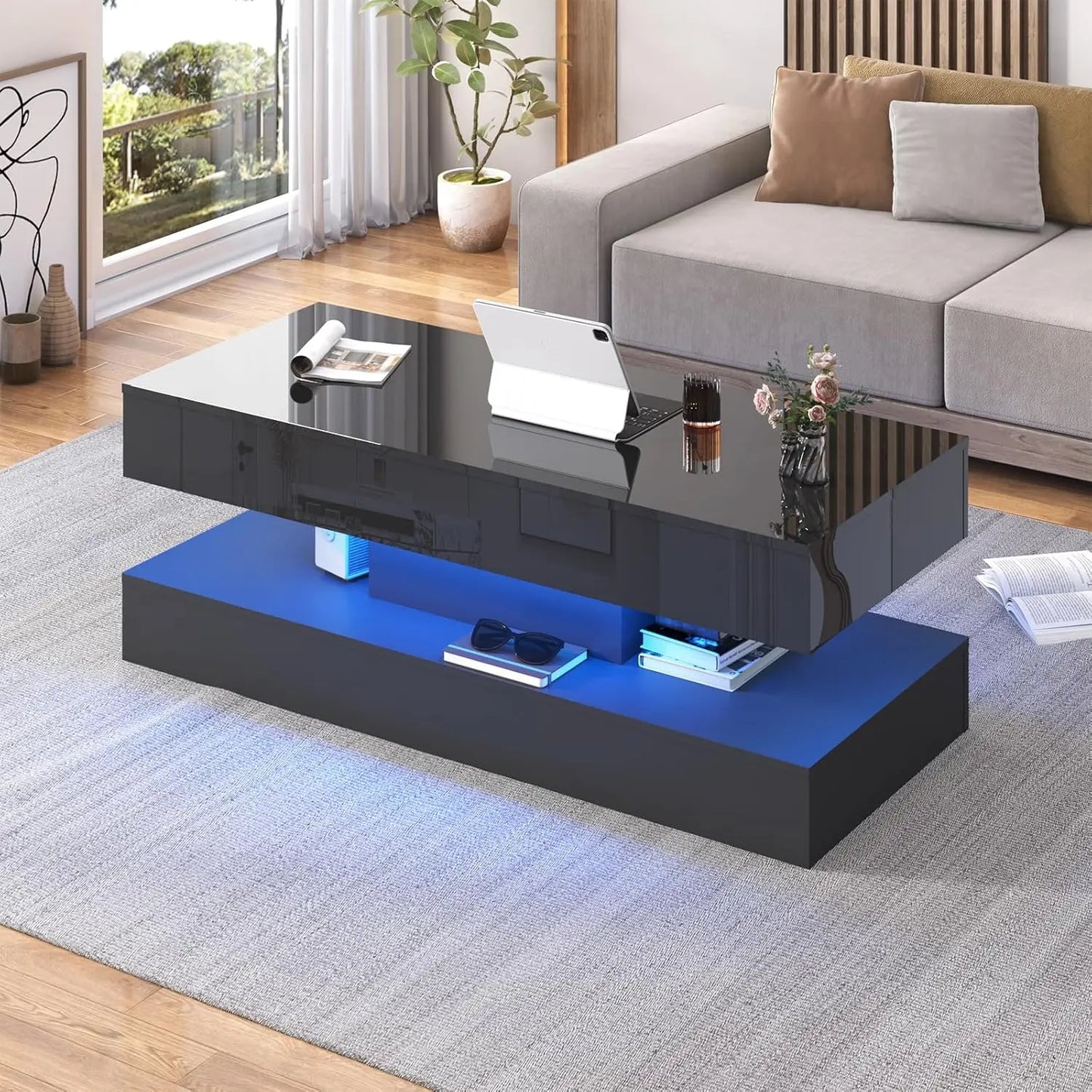 QiaoShiRen Modern Minimalist Coffee Table With Led Lights Dual Storage