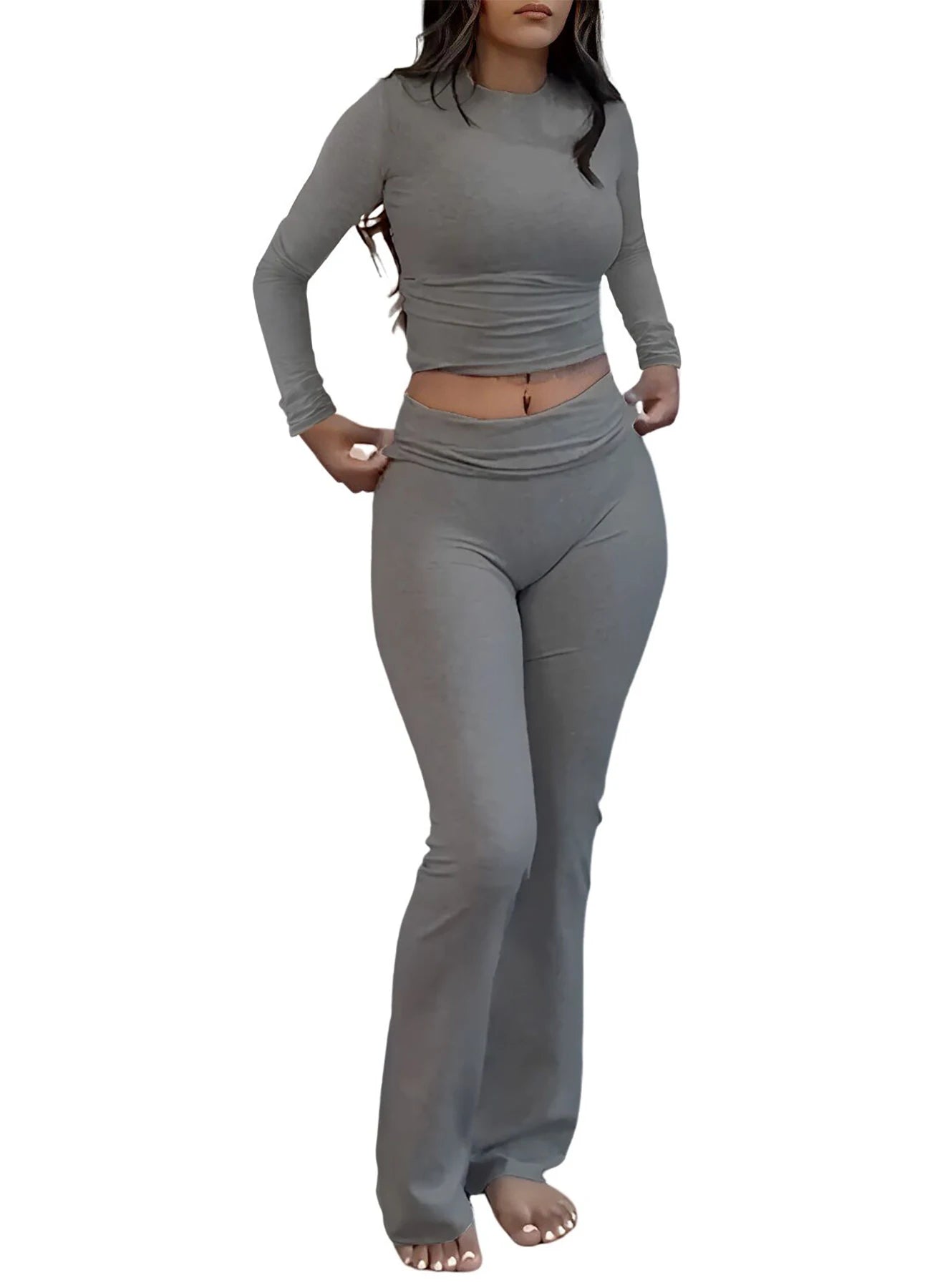 Women Yoga Two Piece Set Long Sleeve Wide Leg Activewear