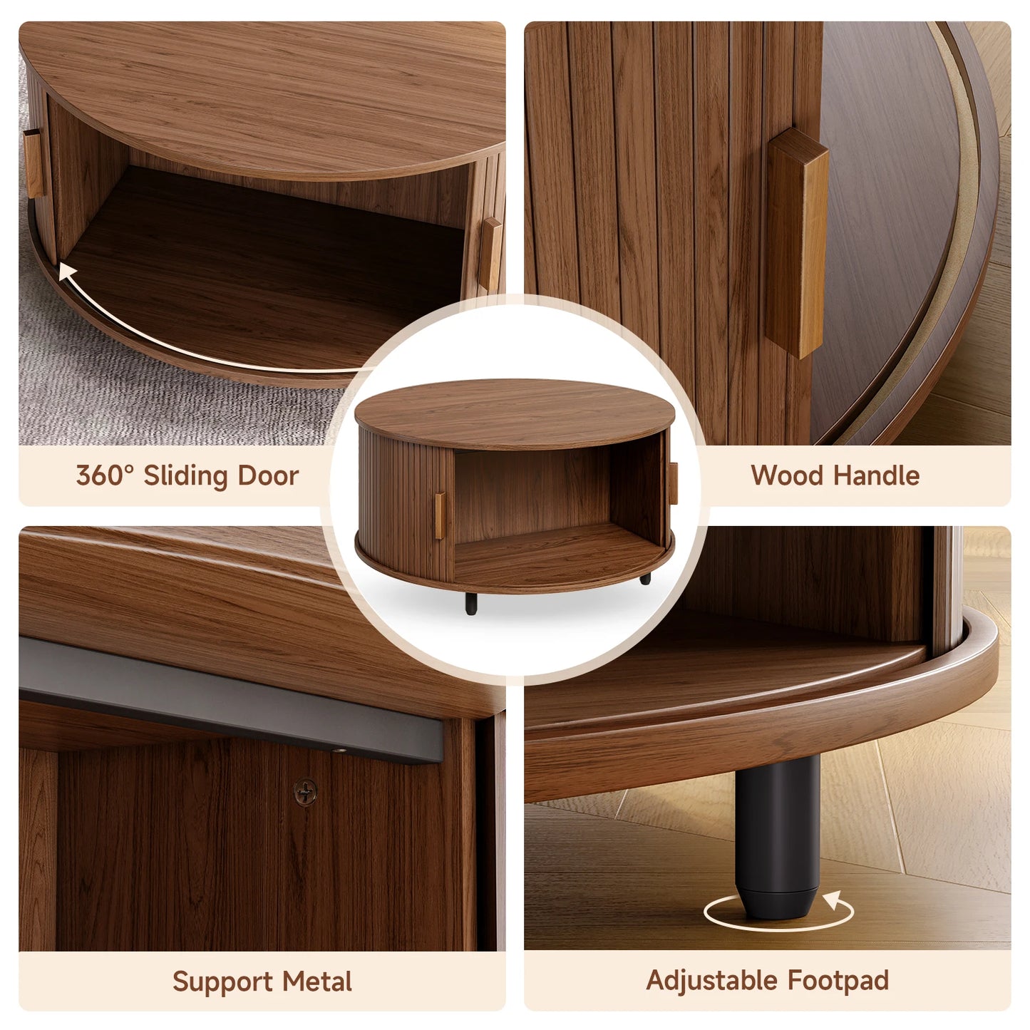 ONBRI Round Coffee Table With Storage Modern Curved Sliding Door Fluted Wood