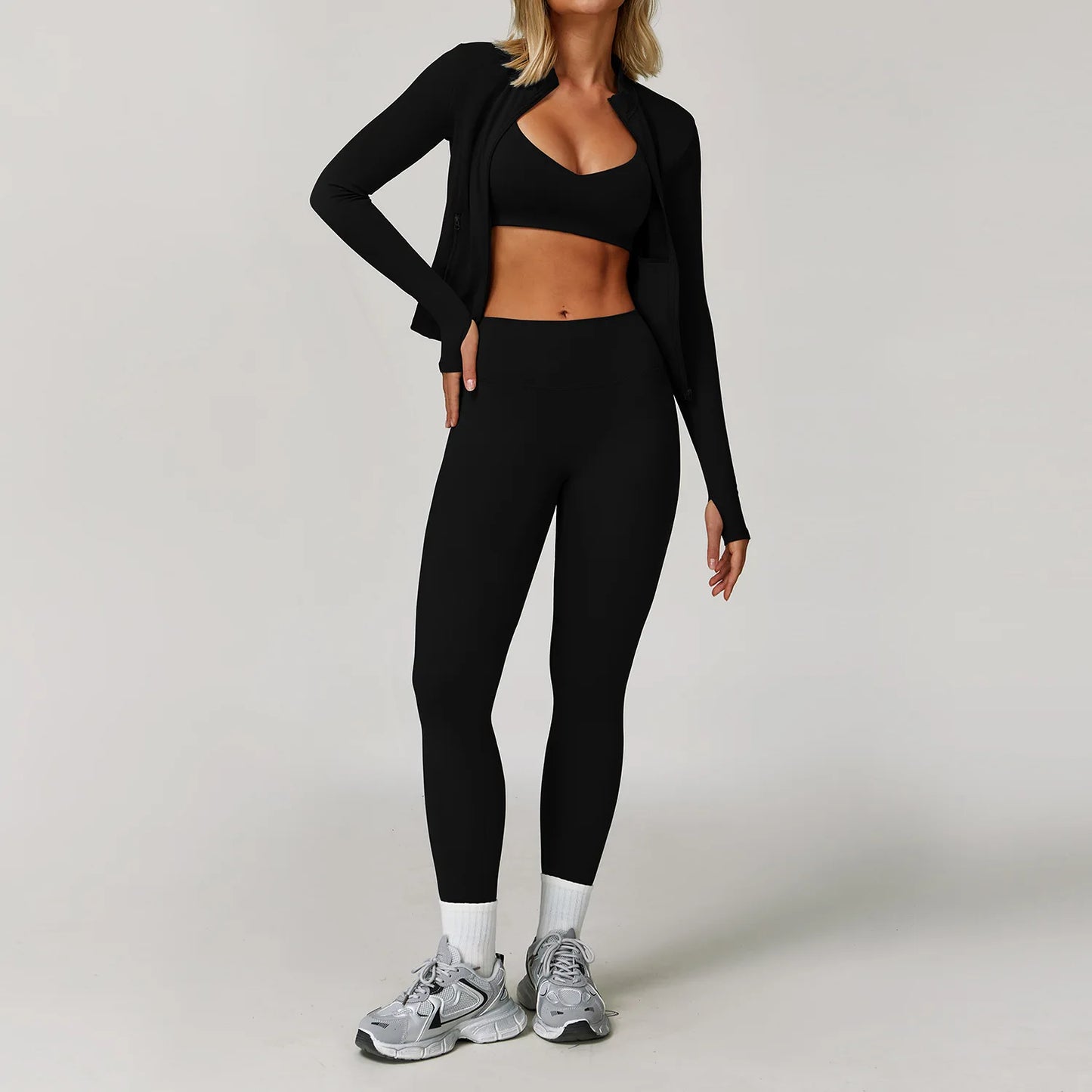 Women Gym Set Yoga Bra Jacket High Waist Leggings Shorts