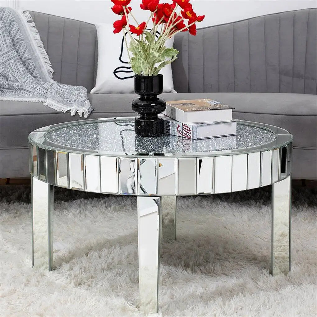 Crushed Crystal Mirrored Coffee Table 60cm Round Accent Table Leisure Table