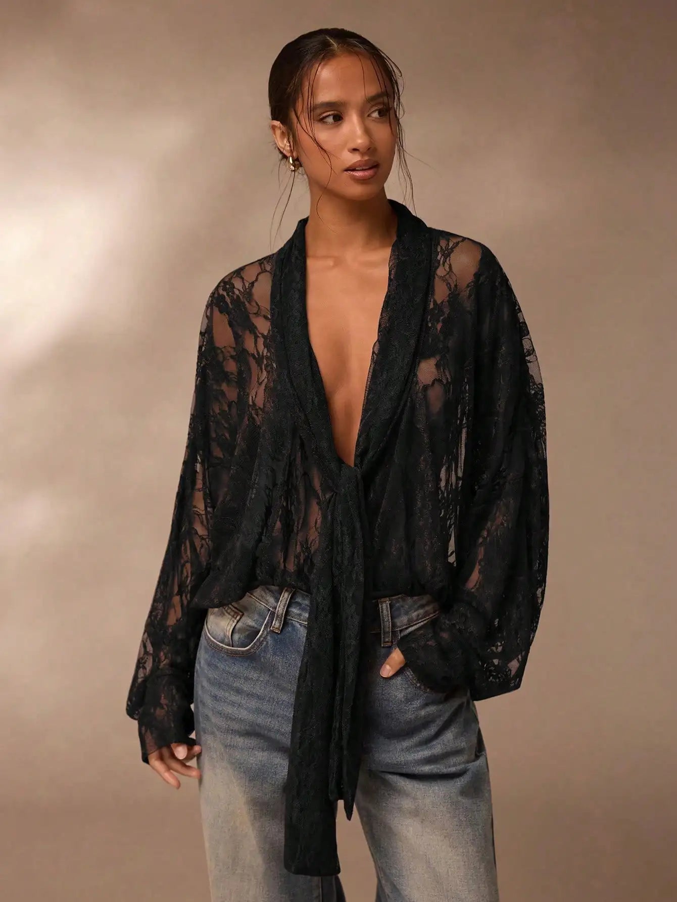 Lace Sheer Blouse for Women V Neck Long Sleeve Top