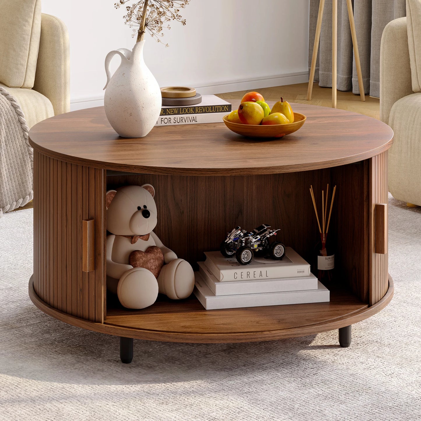 ONBRI Round Coffee Table With Storage Modern Curved Sliding Door Fluted Wood