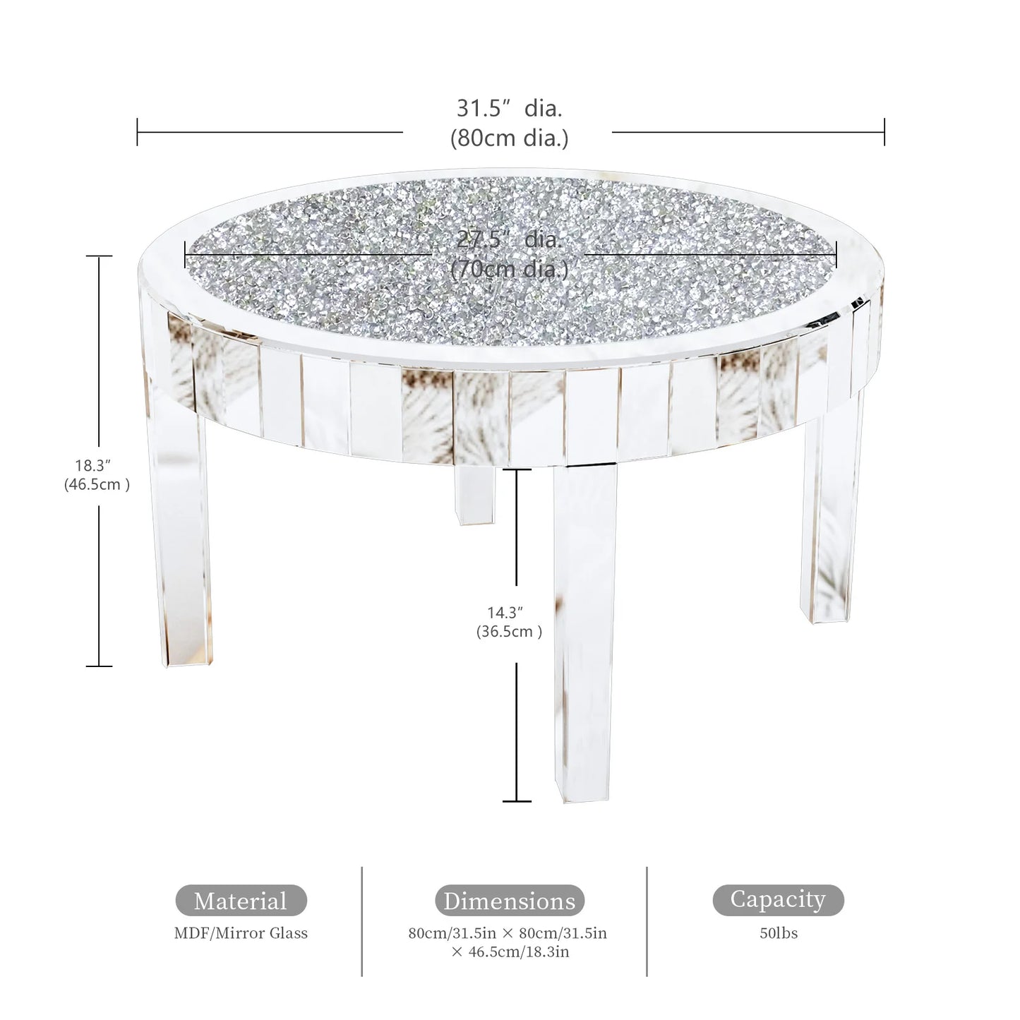 Mirrored Crystal Inlay Coffee Table Round Silver