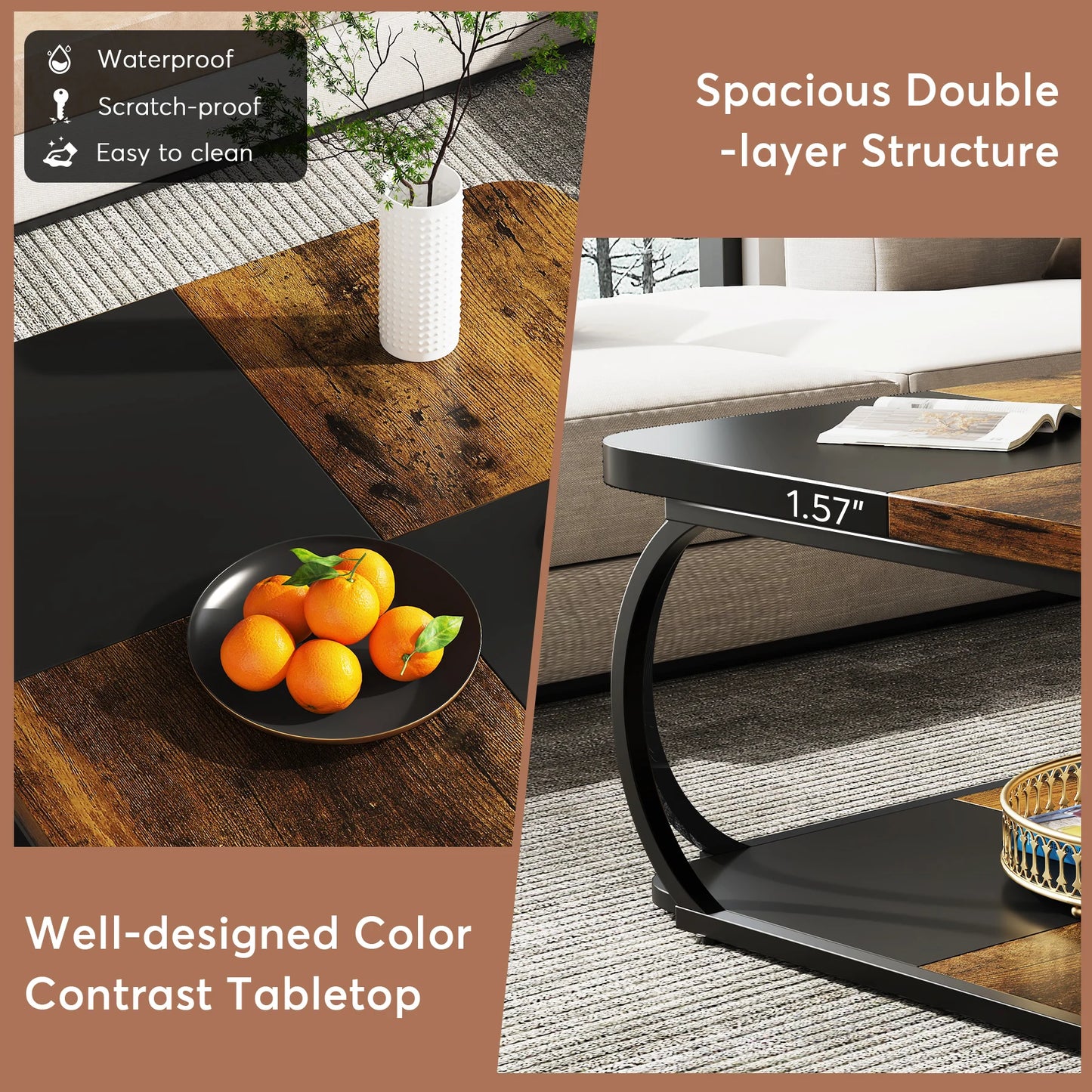 Tribesigns Farmhouse Square Coffee Table With Two Tiers Wood Storage